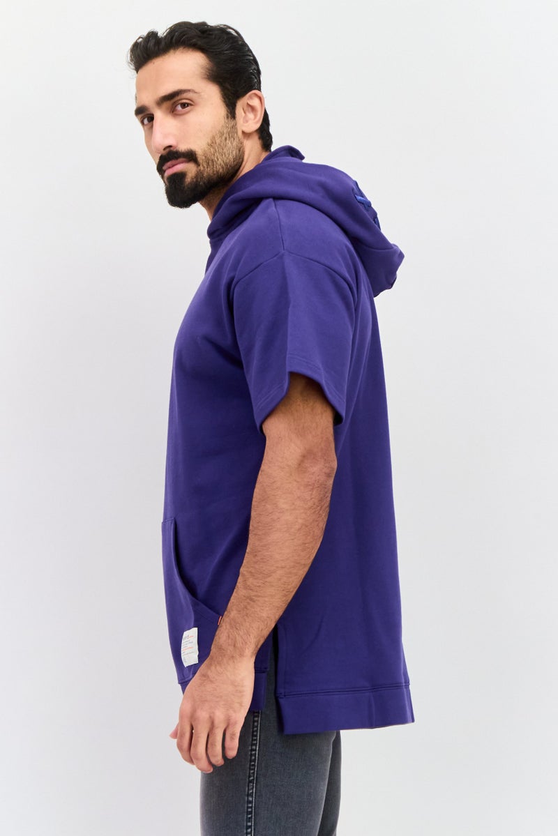 TRIBE OF 6 Men Hooded Short Sleeve Brand Logo Sweatshirt, Blue - Image 2